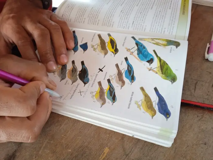 Gloria Loor and Gregory Paladines studying tanager identification